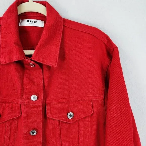 MSGM Jacket Womens Large Red Denim Trucker Milano Cotton Made In Italy Logo